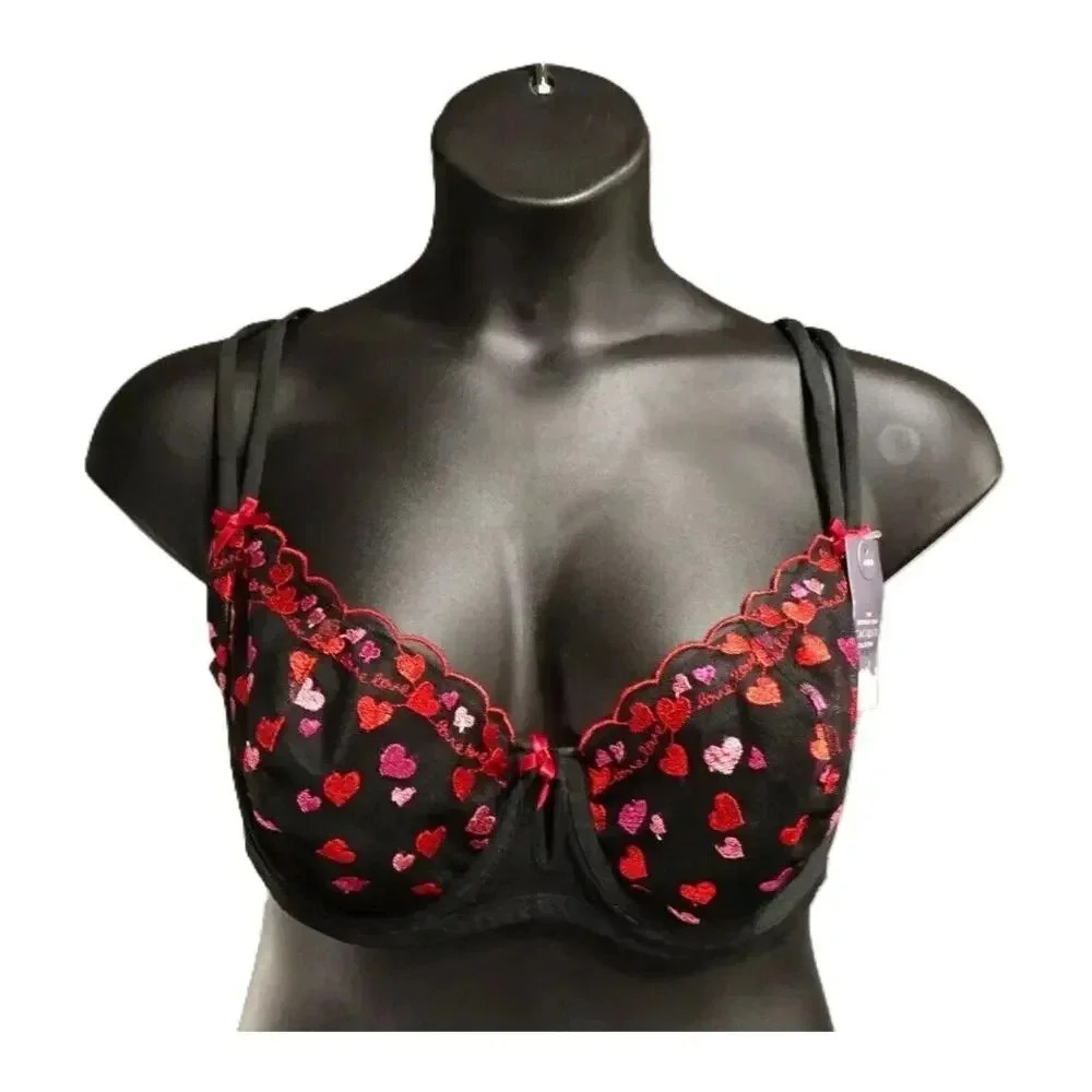 Cacique Heart Embroidered Unlined Balconette Bra Black Size 44D NWT